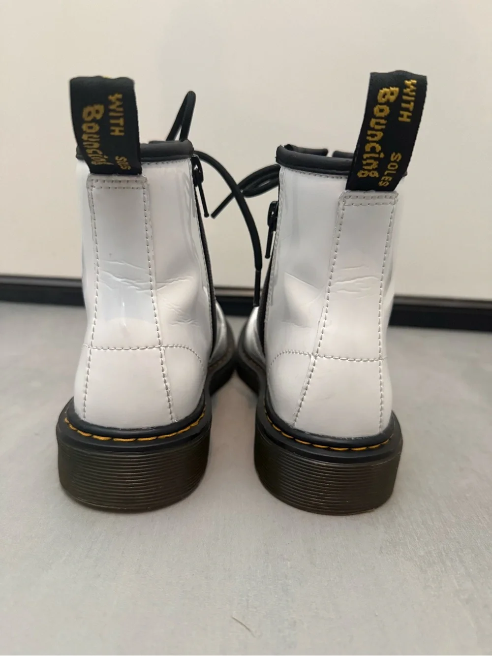 Girls Dr. Marteens 1460 Patent White Lace-Up Combat Boots with Black Trim